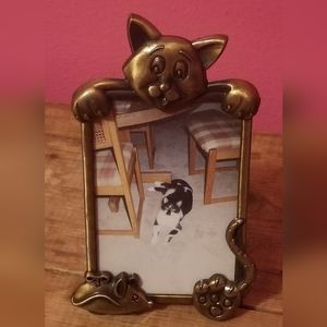 Vintage Brasstone Metal Cat Photo Frame